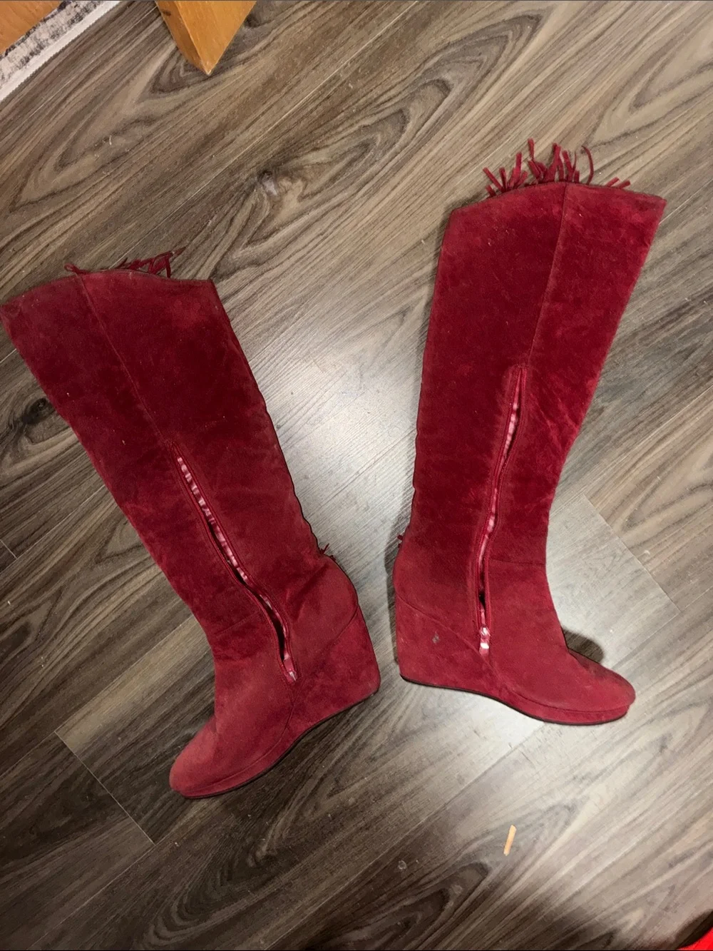 Red Fringe Suede Knee-High Wedge Boots - Women